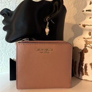 Kate Spade New York Blush Pink Compact Wallet with Pink and Gold Drop Earrings